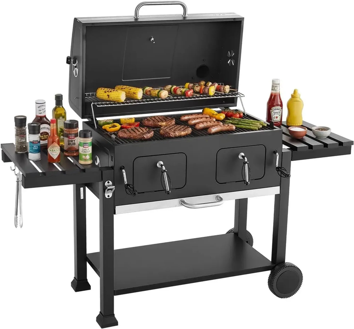 Gril à Charbon VEVOR avec Roulettes, Grande Surface de Cuisson 0,5 m², Idéal pour Barbecue en Plein Air, Pique-nique, Terrasse et Jardin, Tablettes Latérales Pliables