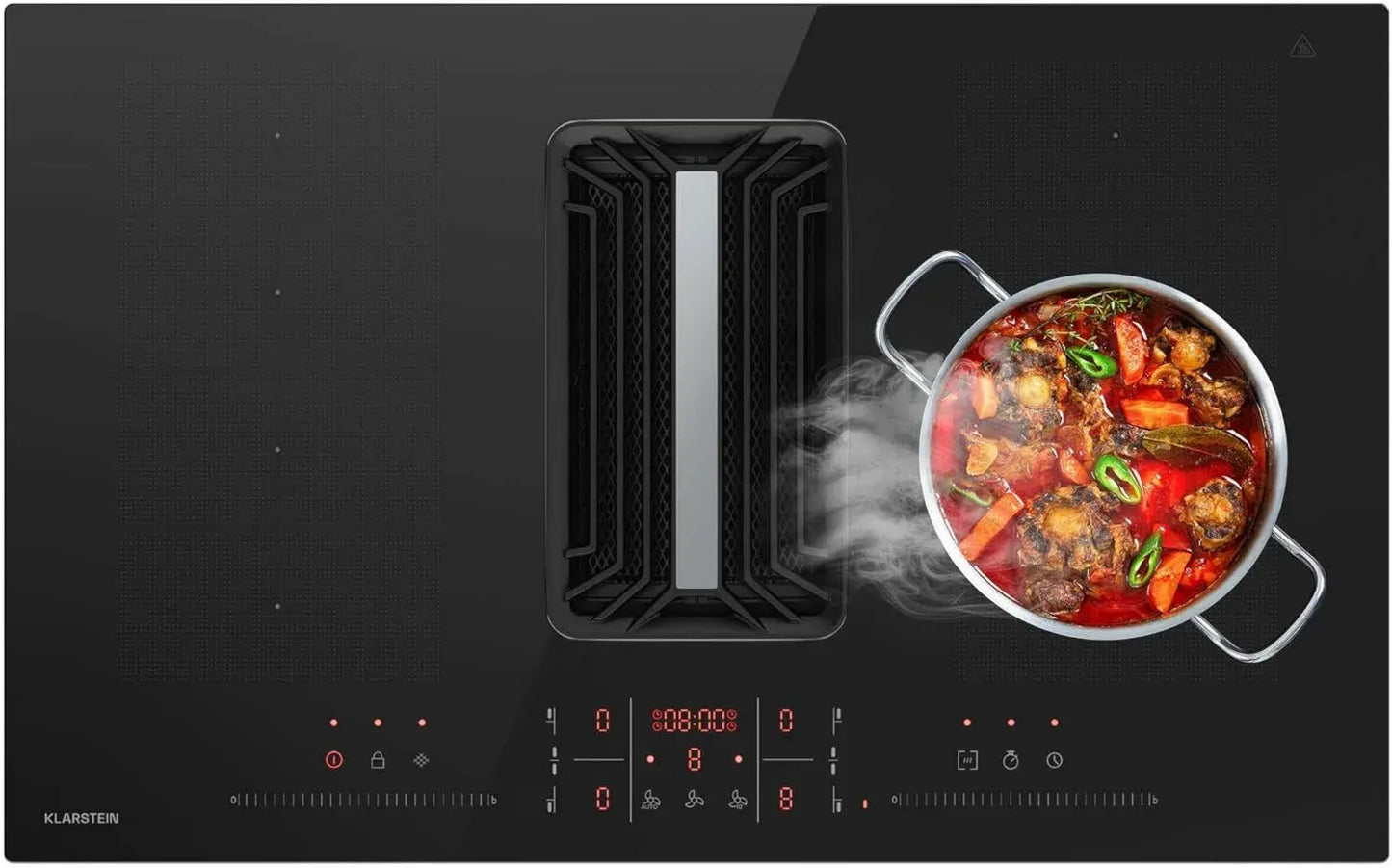 Plaque à Induction Klarstein AirJet FlexPro avec Hotte Intégrée, Efficacité Énergétique A++, 750 m³/h, 14 kW, 4 Zones, Fonction Boost, Silencieux 58 dB, Commande Tactile, Noir