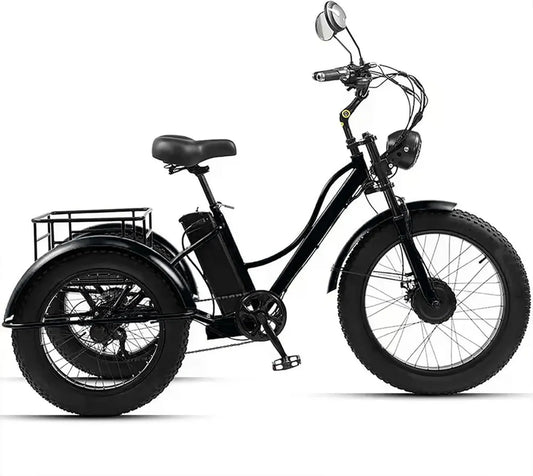 Tricycle Électrique Adulte 24' avec Panier et Écran LCD, 200 Kg Capacité, Noir